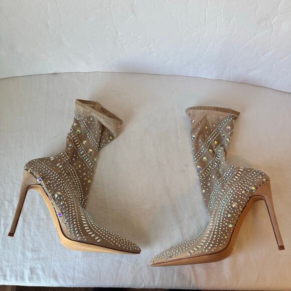 Azalea Wang Opry Sock Bootie 8 Beige Stiletto Rhinestone Embellished Gems - Picture 3 of 10